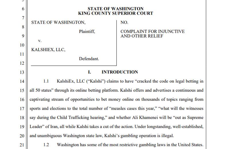 Cover page of State of Washington v. KalshiEx