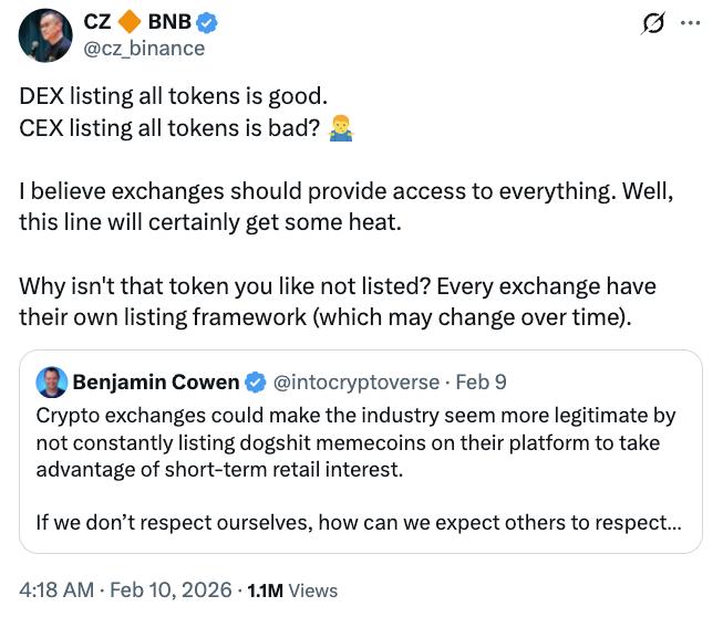 Binance co-founder Changpeng CZ Zhao social media post