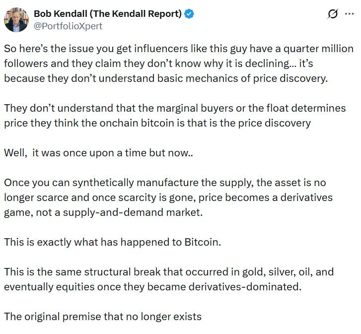 Kendall suggested that derivatives undermine Bitcoin's scarcity