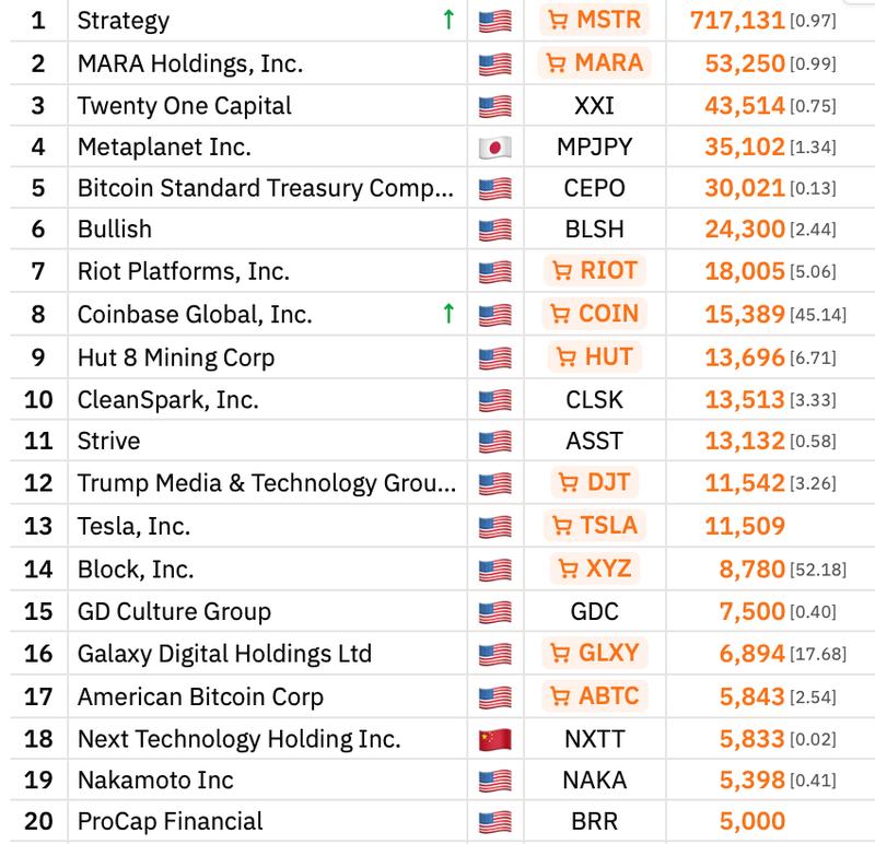 Top 20 Bitcoin treasury companies chart
