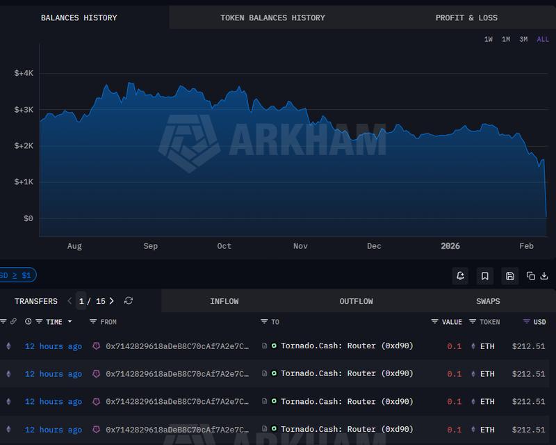 Infini exploiter-labelled wallet address, transfers, balance history