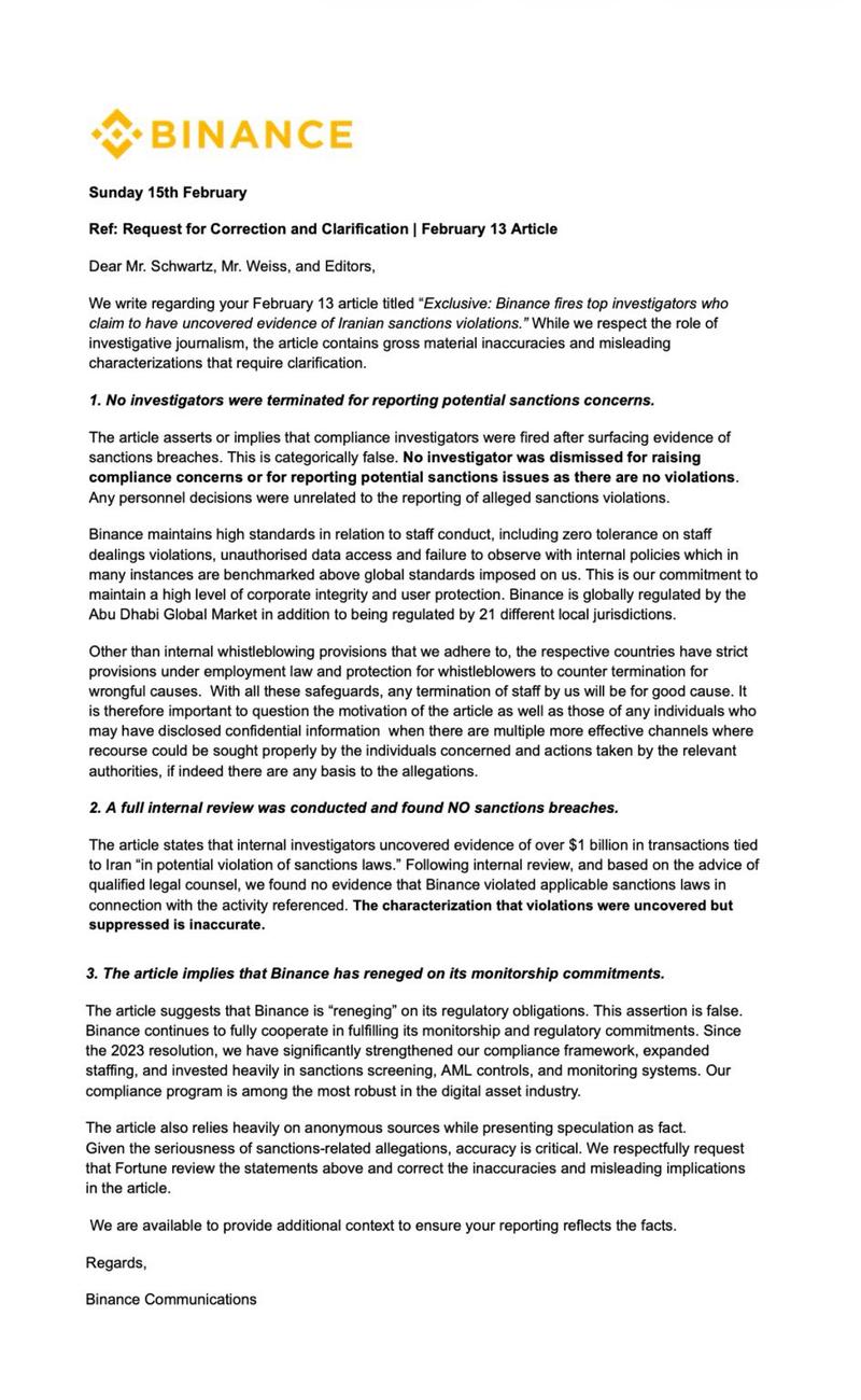 Binance's response to Fortune report