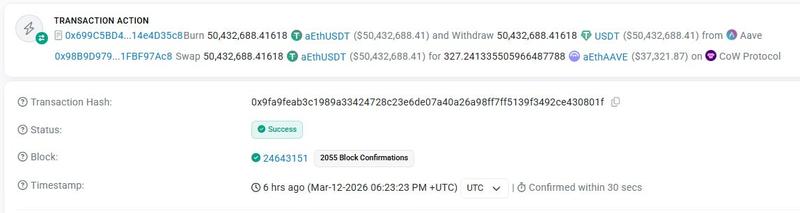 A blockchain transaction showing aEthUSDT swapped to aEthAAVE on March 12