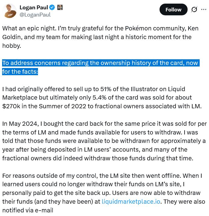 Logan Paul's statement on fractionalized card ownership