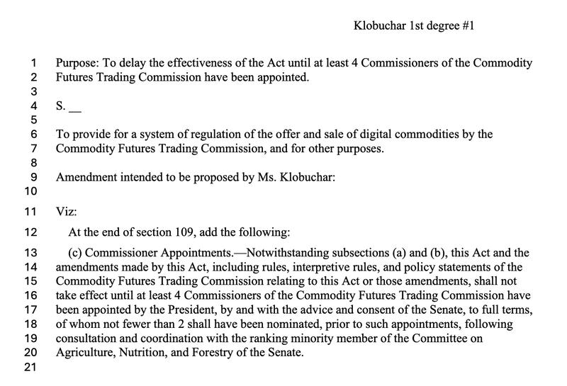 Senator Amy Klobuchar's proposed amendment on CFTC