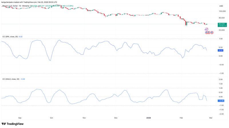 Bitcoin vs. S&P 500's and gold daily correlation coefficient