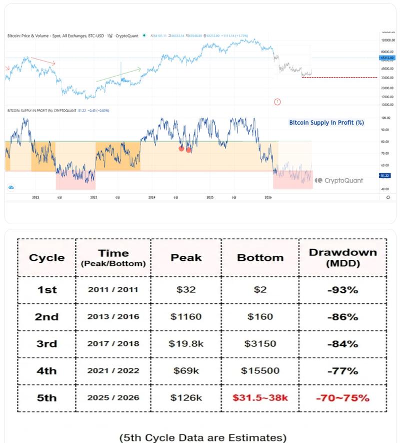 Bitcoin supply in profit % and projected BTC price bottom