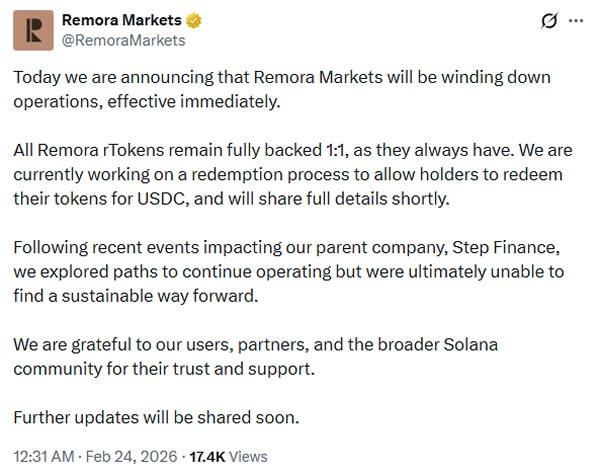 Remora Markets announcement