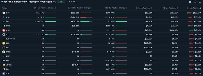 Smart money trader positions through the Hyperliquid exchange, top tokens