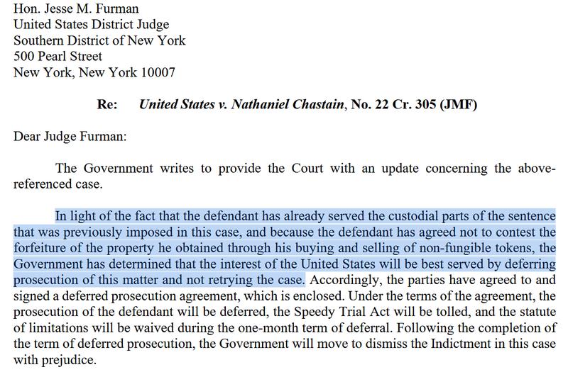 An excerpt of Jay Clayton's letter detailing the deferred prosecution agreement with Nathaniel Chastain