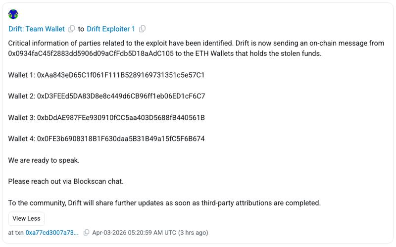 Drift's onchain message to the Drift Exploiter