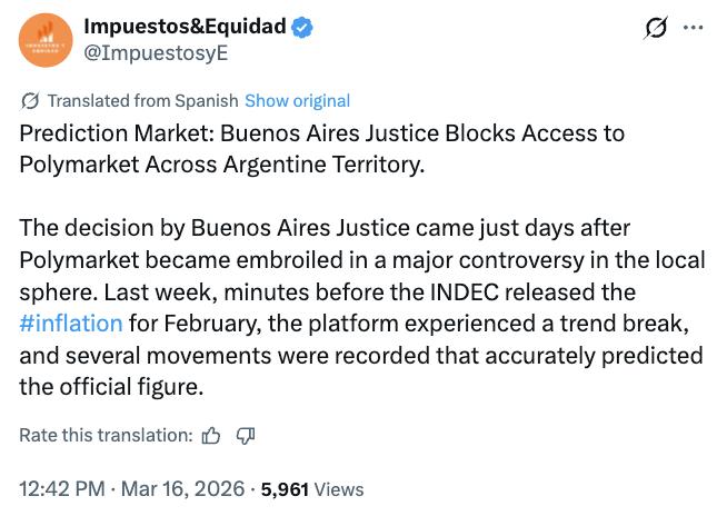 Social media post about Polymarket block order