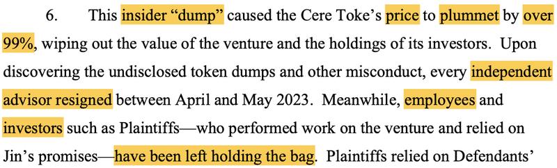 A highlighted excerpt of Vivian Liu's complaint accusing Cere co-founder Fred Jin of fraud