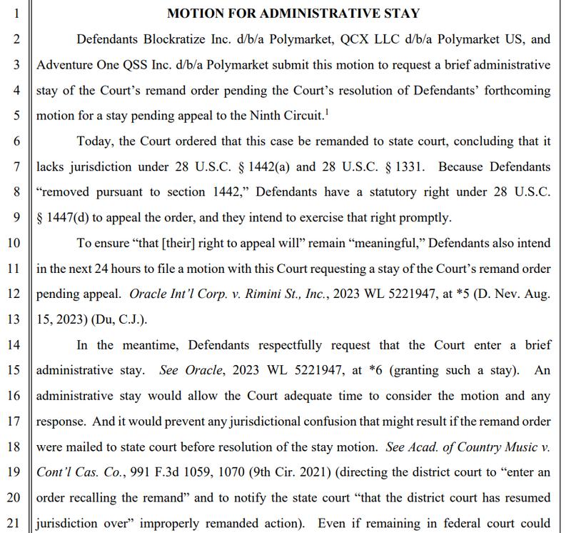 Court filing in the case of Nevada vs. prediction markets