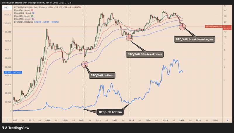 BTC/XAU vs. BTC/USD two-week chart comparison