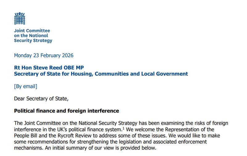 Matt Western's letter to Steve Reed