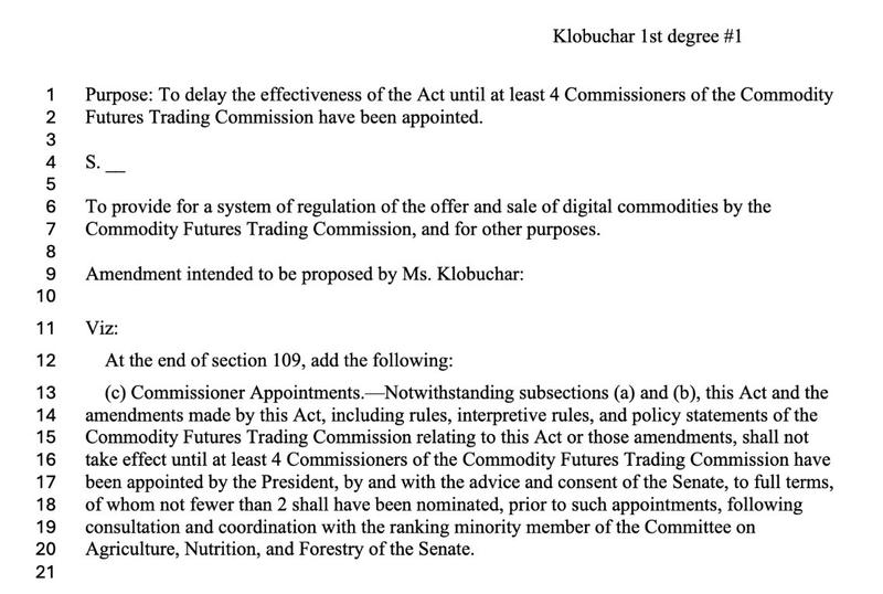 Senator Amy Klobuchar's proposed amendment on CFTC