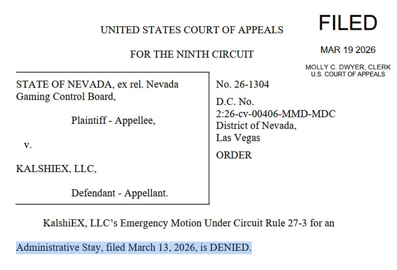 US Court of Appeals order dismissing Kalshi's emergency motion