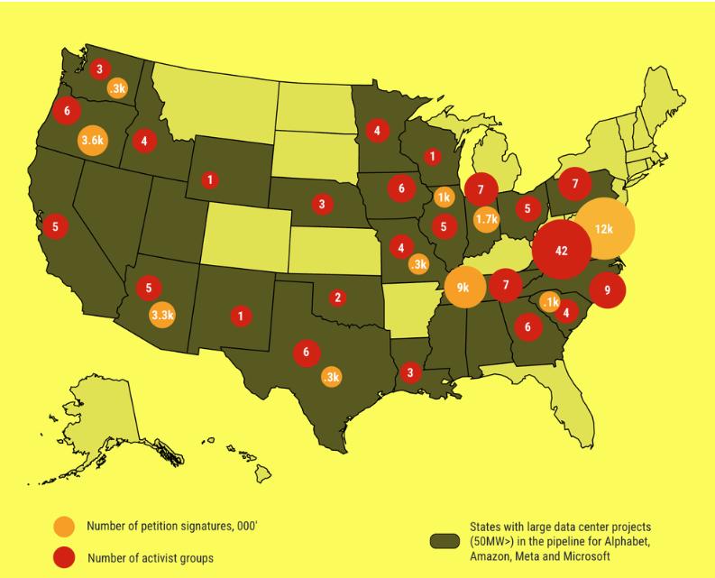 Map showcasing data center backlash