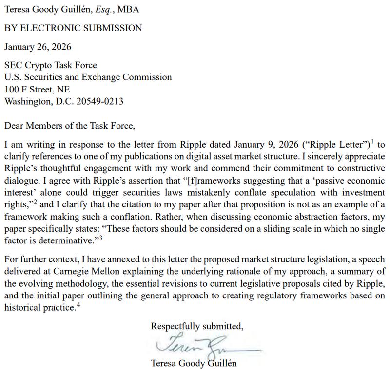 Letter from SEC Crypto Task Force responding to Ripple's submission
