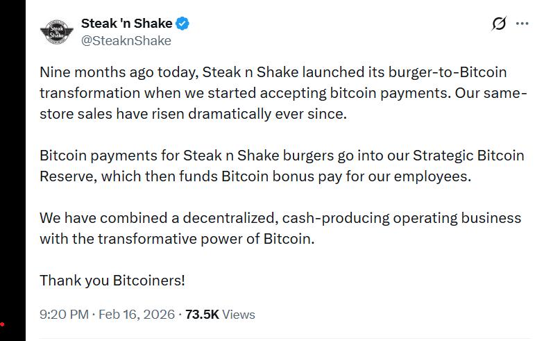 Steak 'n Shake sales rose dramatically thanks to BTC payments
