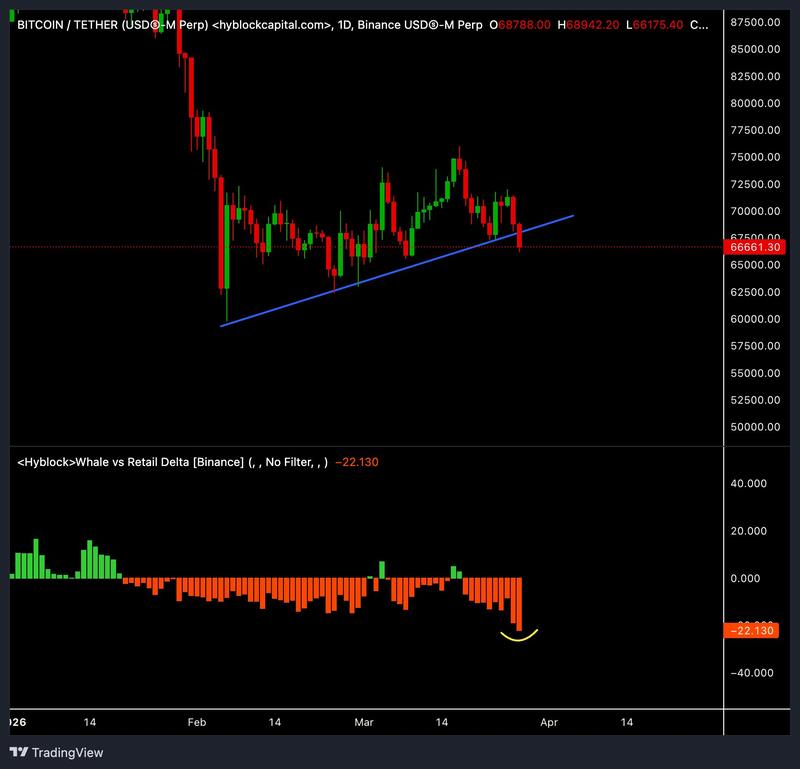 Bitcoin price, whale vs retail delta